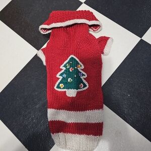 Red Knit Dog Sweater with Christmas Tree Design Small Sequin Ornaments
